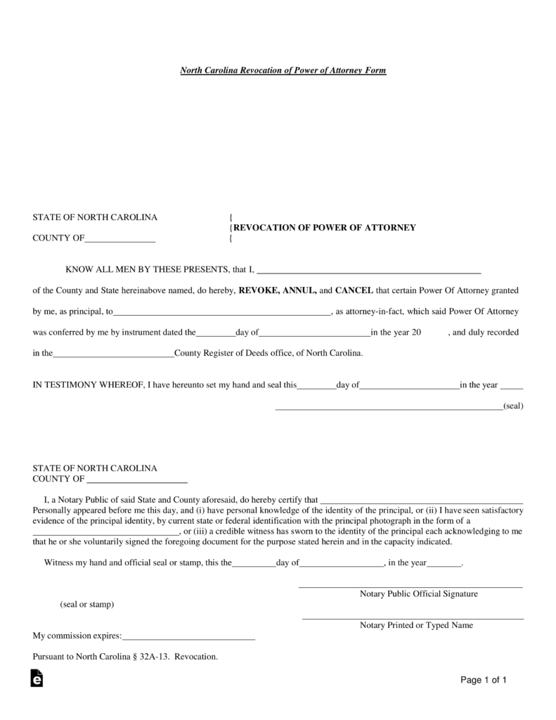 Free North Carolina Revocation of Power of Attorney Form PDF Word