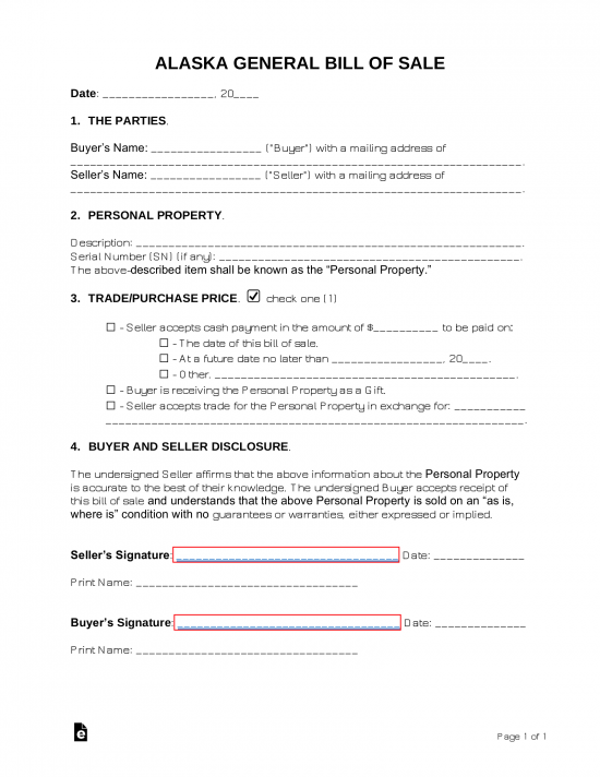 Free Alaska General Bill of Sale Form Word PDF eForms Free